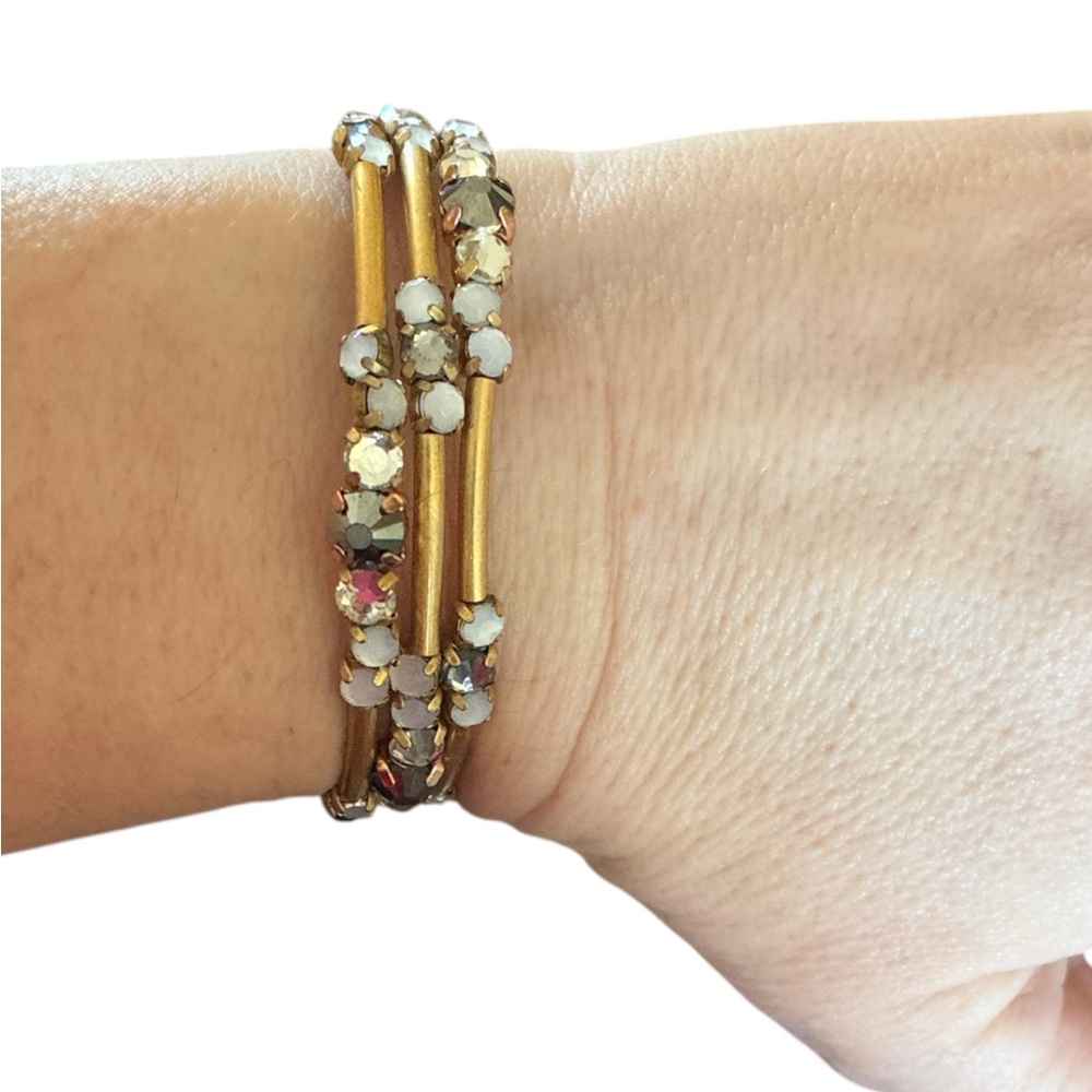 Stella & Dot Brass Opaque Silver Rhinestone Wire Wrap Bracelet